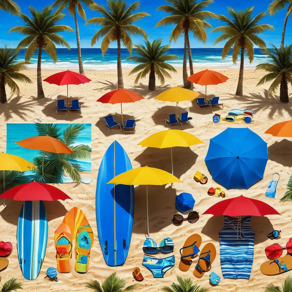 A vibrant beach scene showcasing diverse beachwear essentials such as colorful swimsuits, sun hats, and stylish sunglasses, with a backdrop of golden sand, crashing waves, and palm trees. Include active outdoor elements like beach umbrellas and surfboards. Make the atmosphere lively with people enjoying activities like volleyball and swimming under a bright blue sky. super-realistic. vibrant colors. sunny day.