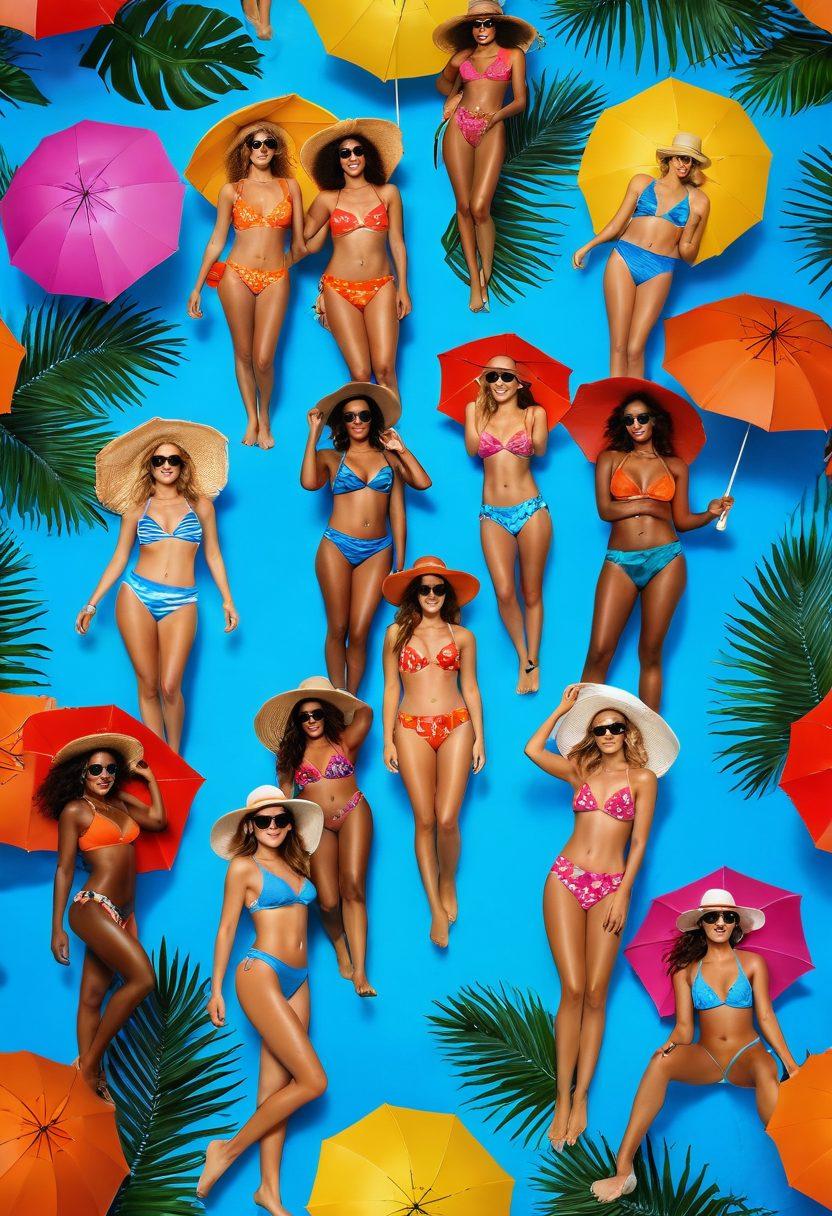 A sun-kissed beach scene showcasing diverse models wearing trendy swimwear styles, surrounded by colorful beach umbrellas and tropical plants. The atmosphere radiates summer vibes, with blue waves crashing in the background and bright sunlight illuminating the joyful expressions of the models. Include stylish accessories like hats and sunglasses to enhance the fashion theme. super-realistic. vibrant colors. bright background.